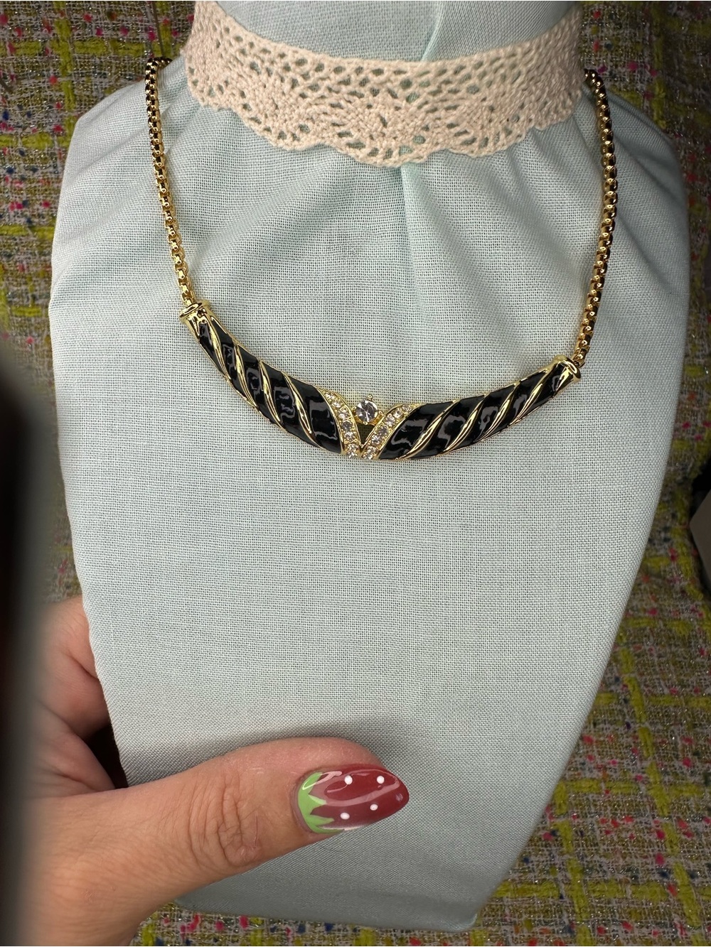 Gold and Black Enamel Statement Necklace with Crystal Accent